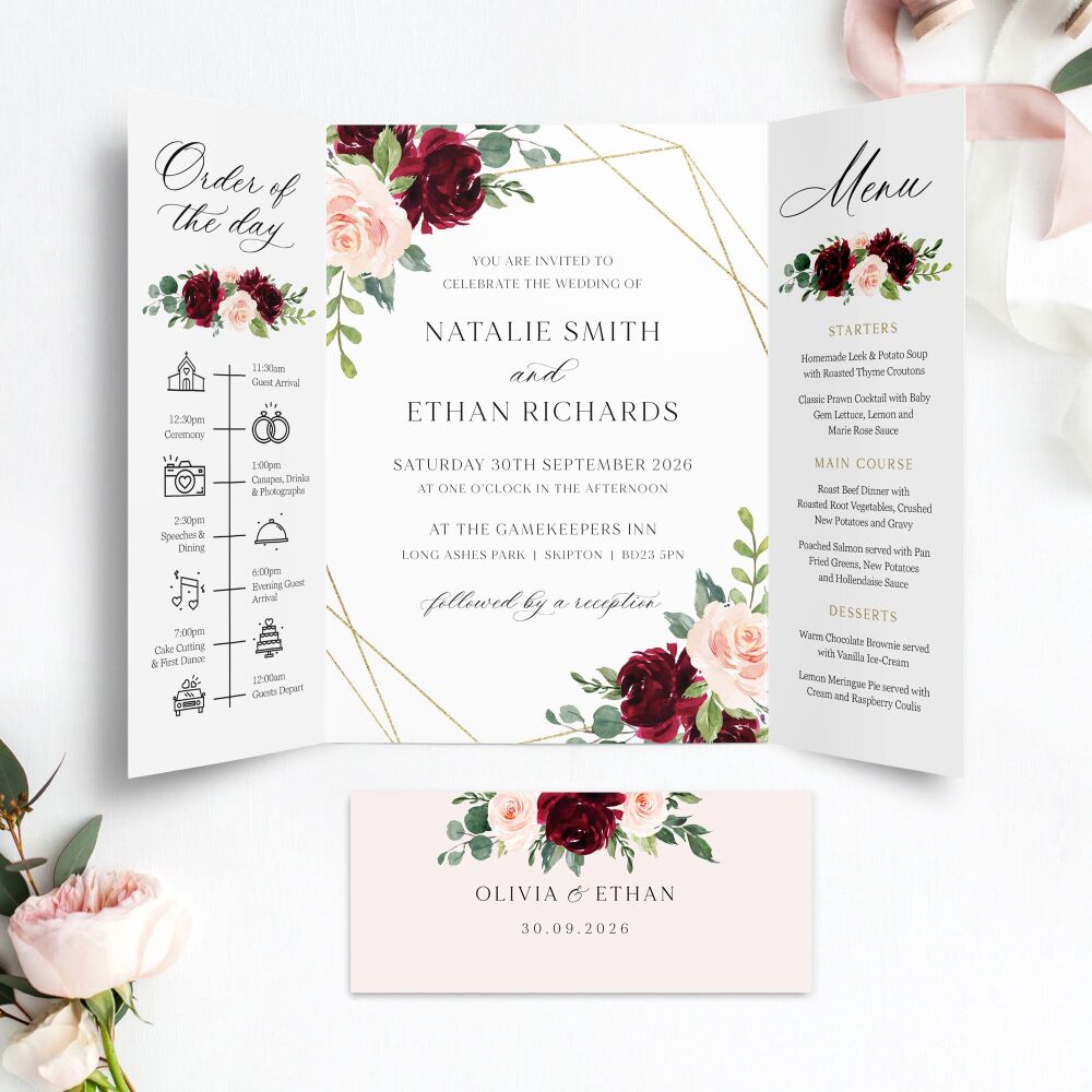 Blush, Burgundy & Gold Wedding Invitation Sample