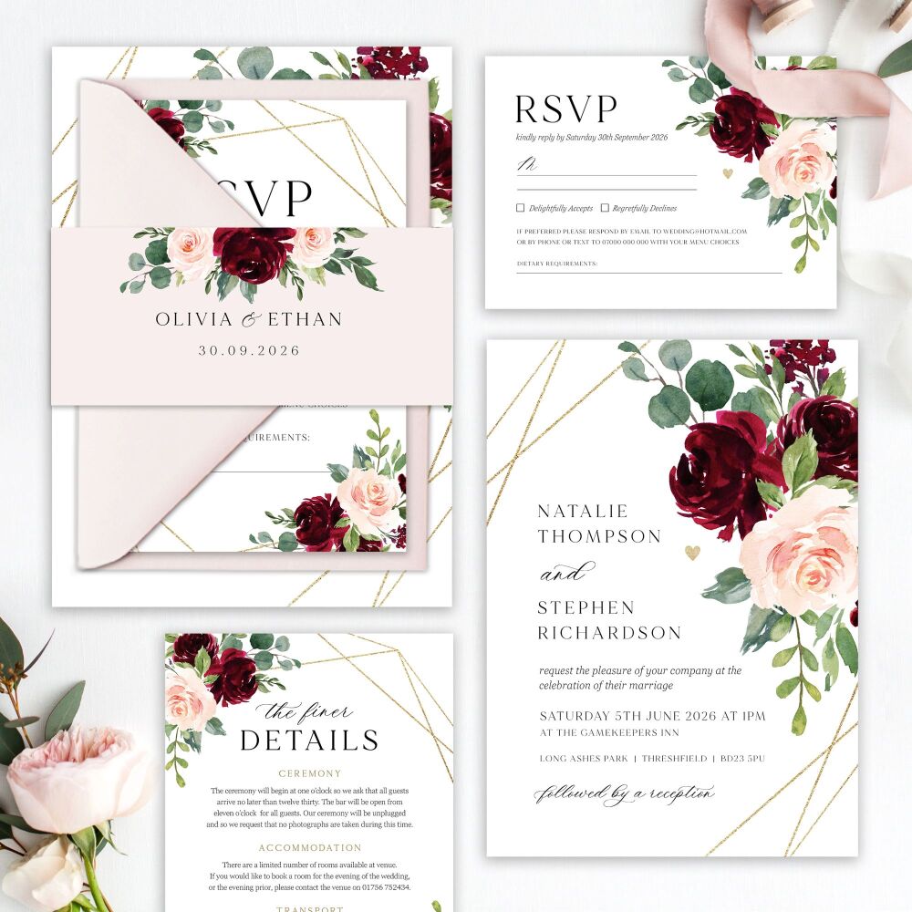 Blush, Burgundy & Gold Wedding Invitation Sample