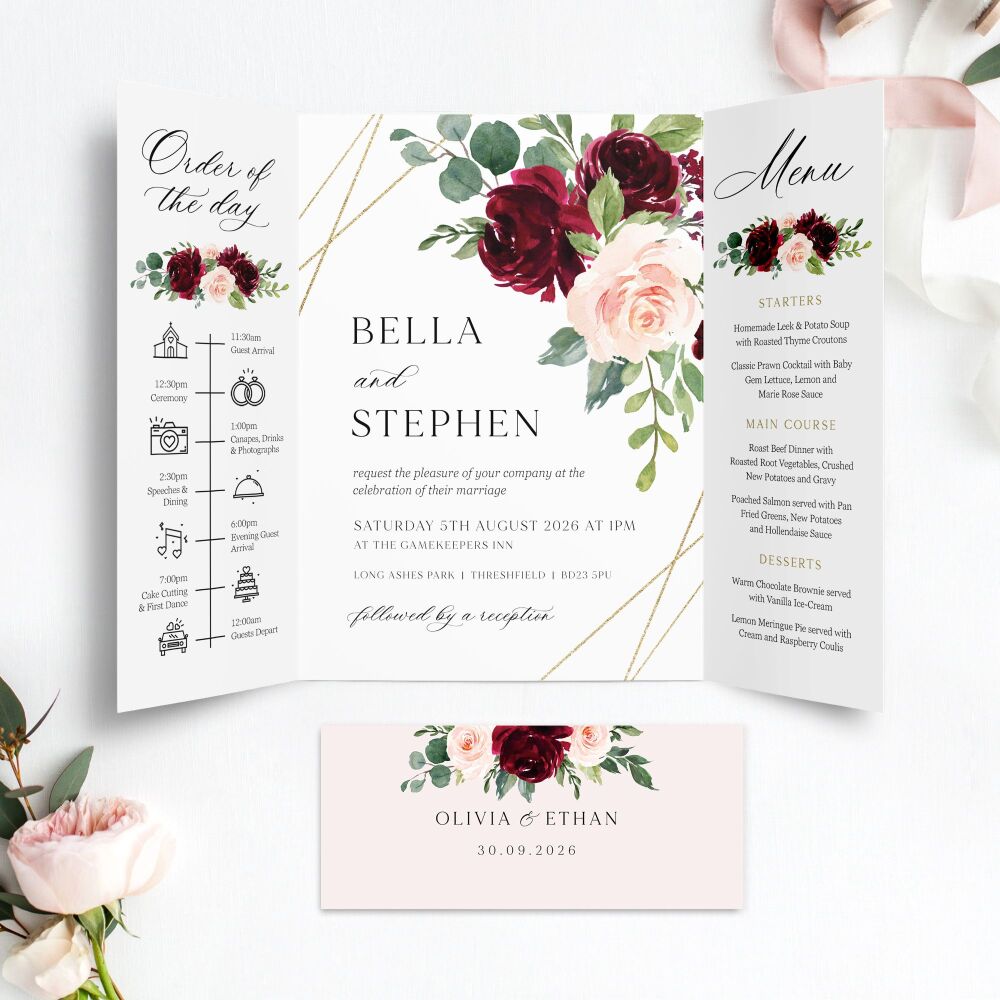 Blush, Burgundy & Gold Wedding Invitation Sample