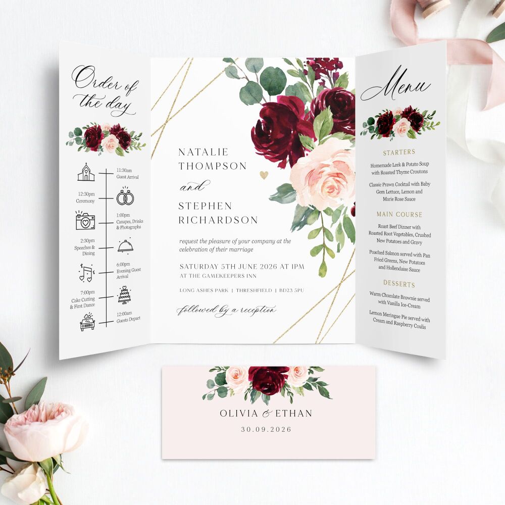 Blush, Burgundy & Gold Wedding Invitation Sample