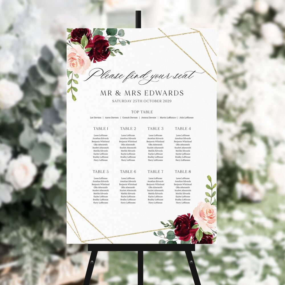 Blush, Burgundy & Gold Table Plan