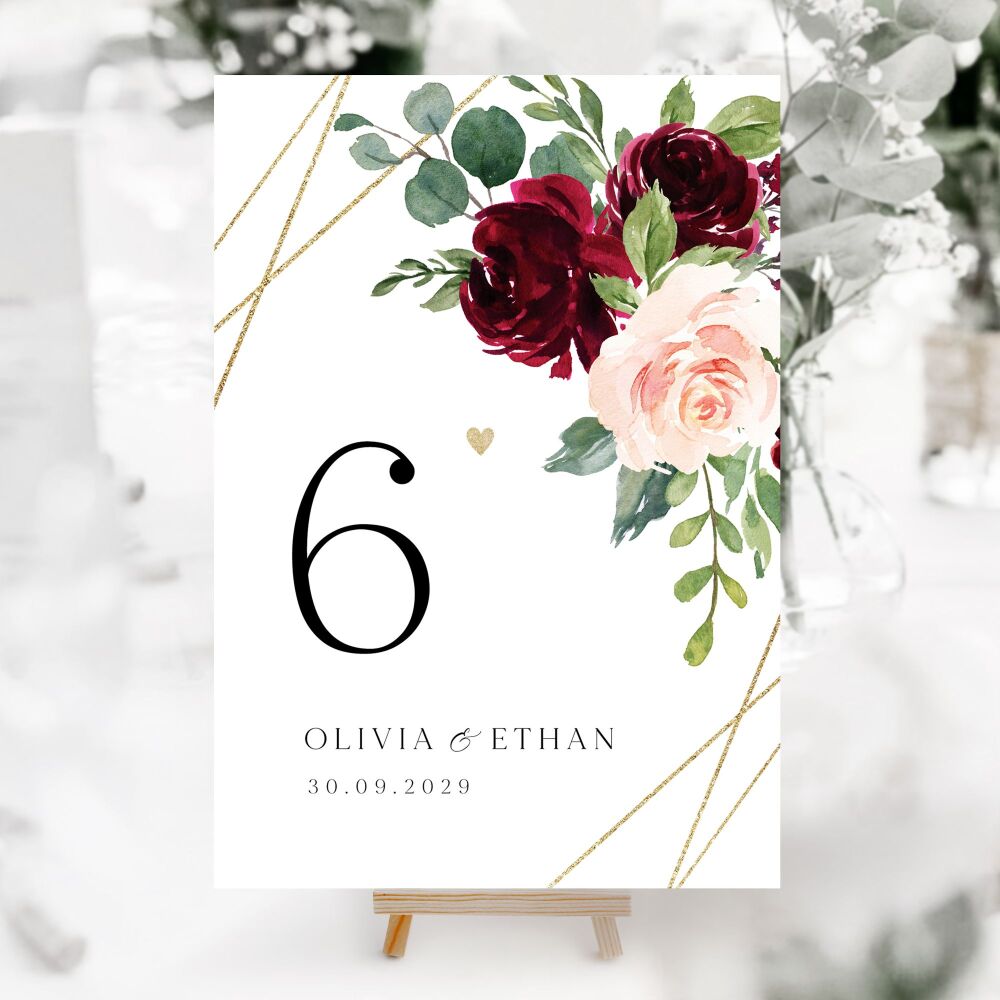 Blush, Burgundy & Gold Table Numbers