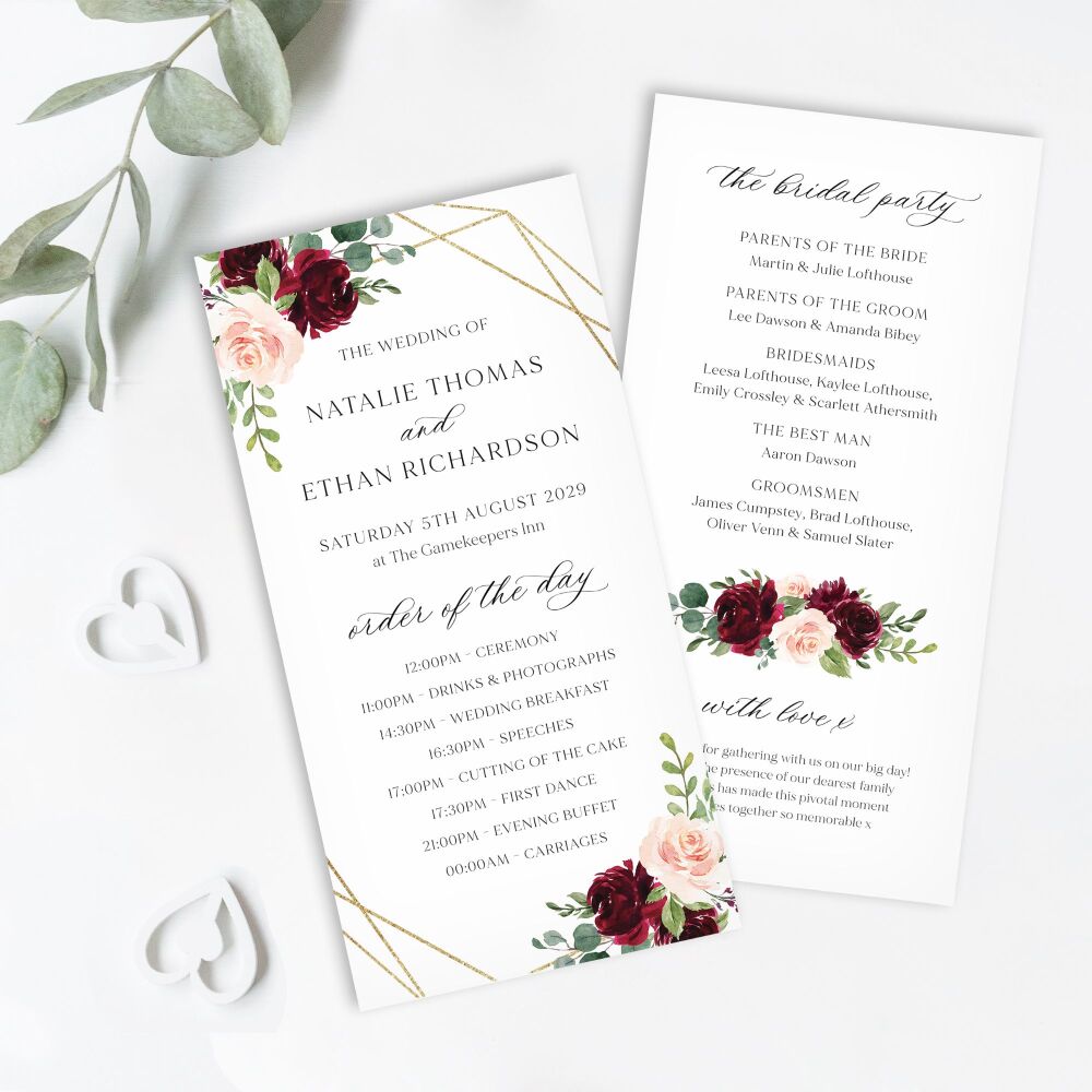 Blush, Burgundy & Gold Order of Service Card