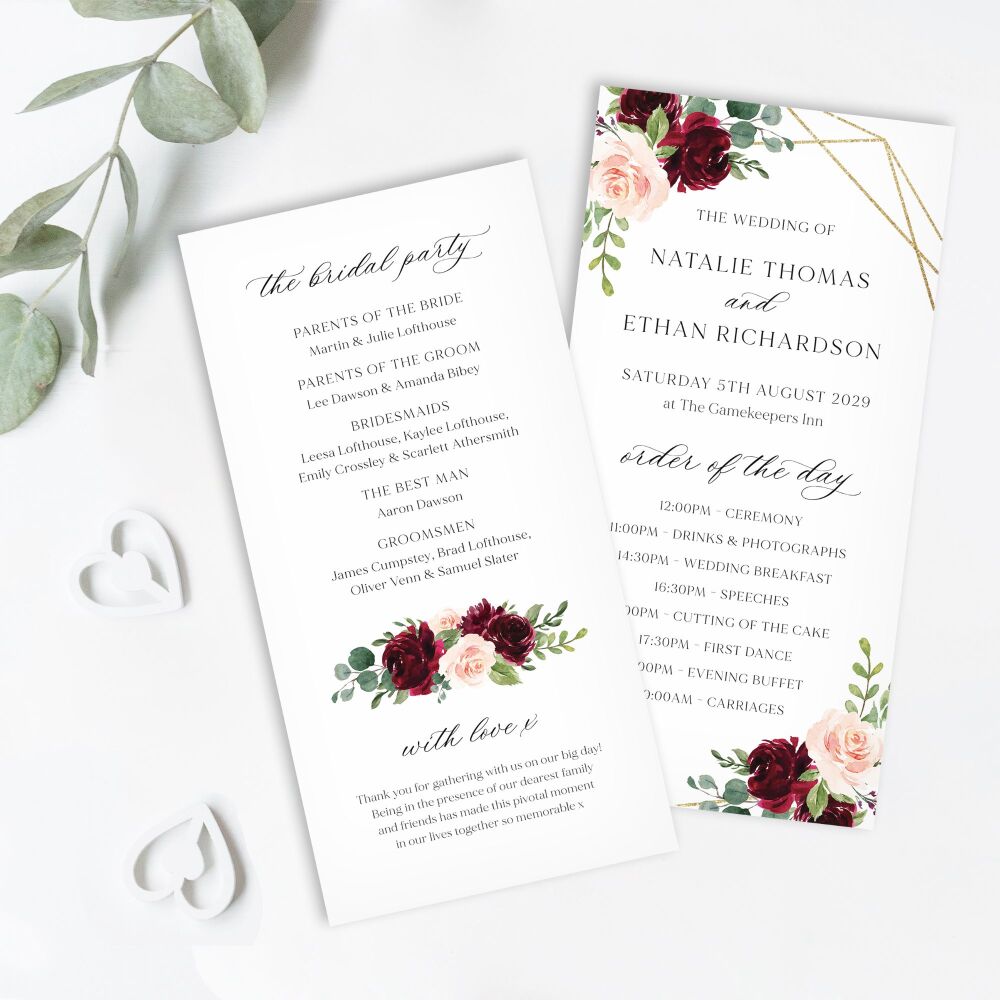 Blush, Burgundy & Gold Order of Service Card