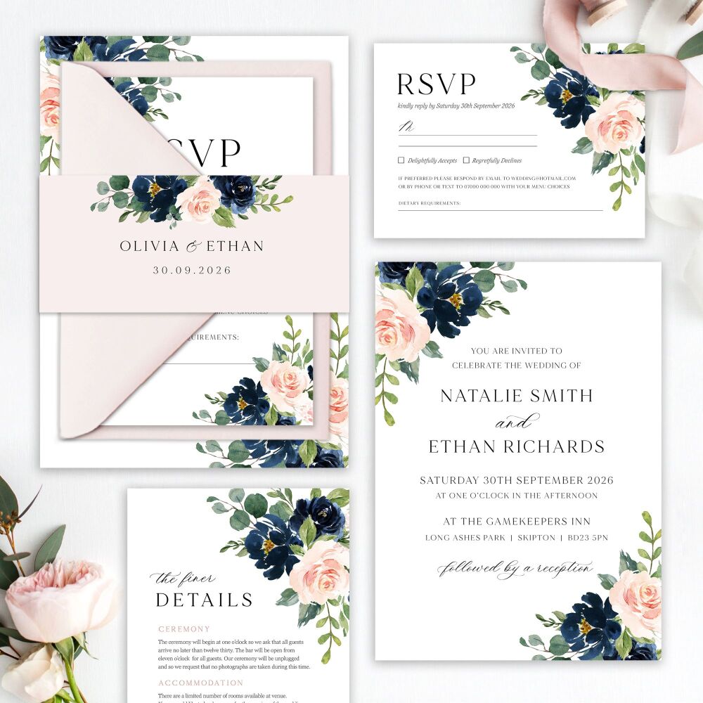 Blush & Navy Florals Wedding Invitation Sample