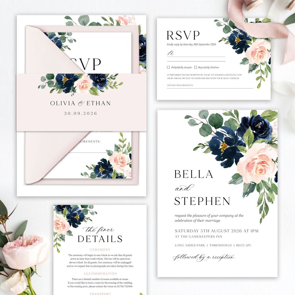Blush & Navy Florals Wedding Invitation Sample