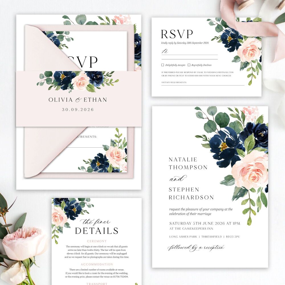 Blush & Navy Florals Wedding Invitation Sample