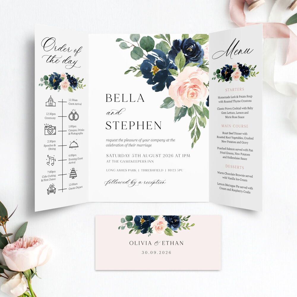 Blush & Navy Florals Wedding Invitation Sample