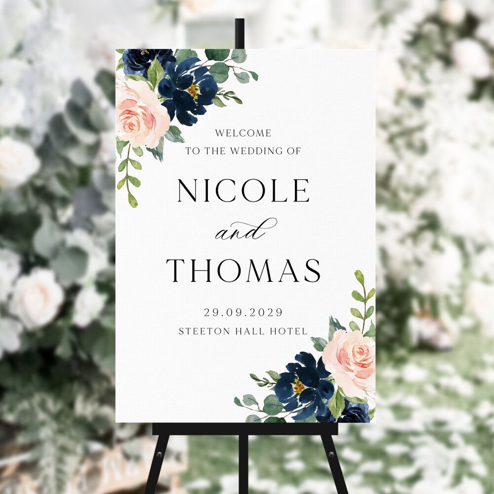 Blush & Navy Florals Welcome Sign