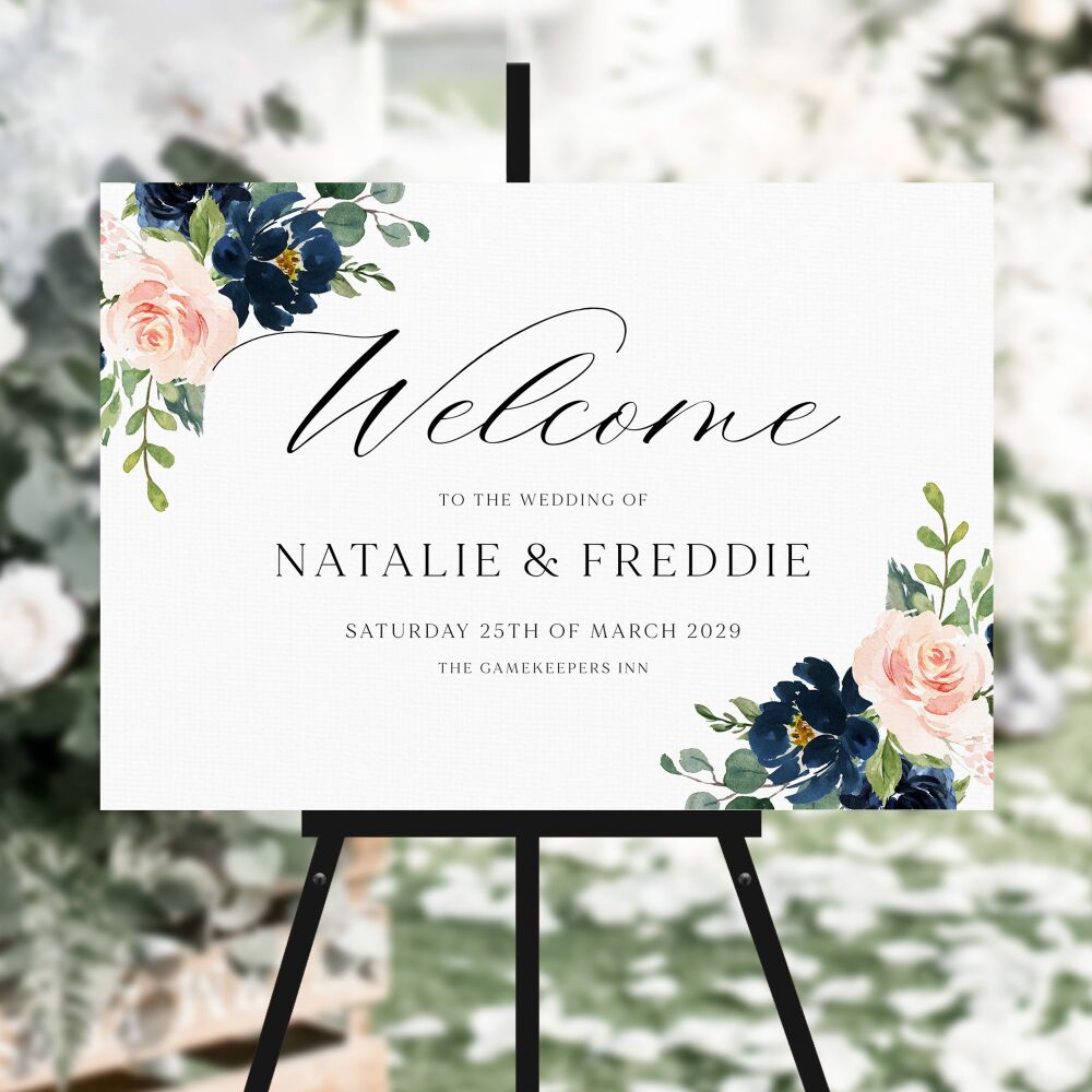 Blush & Navy Florals Welcome Sign