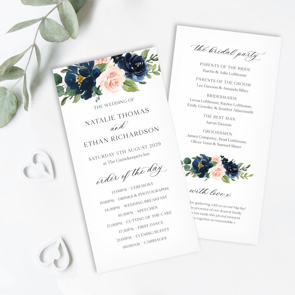 Blush & Navy Florals Order of Service Card