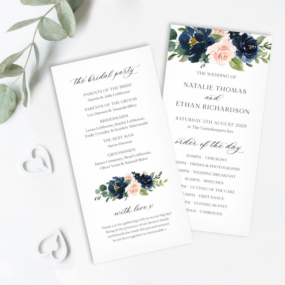 Blush & Navy Florals Order of Service Card