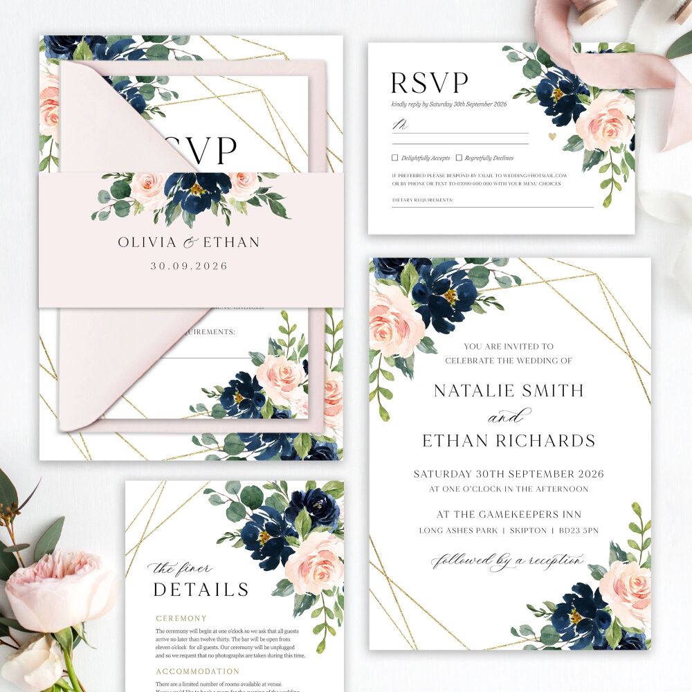 Blush, Navy & Gold Wedding Invitation Sample