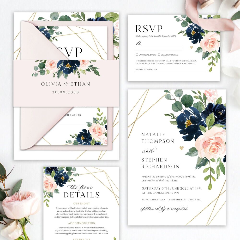 Blush, Navy & Gold Wedding Invitation Sample