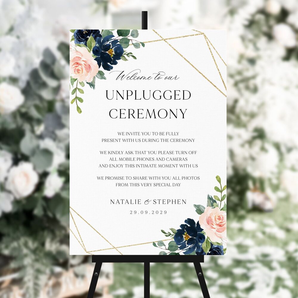 Blush, Navy & Gold Unplugged Ceremony Sign