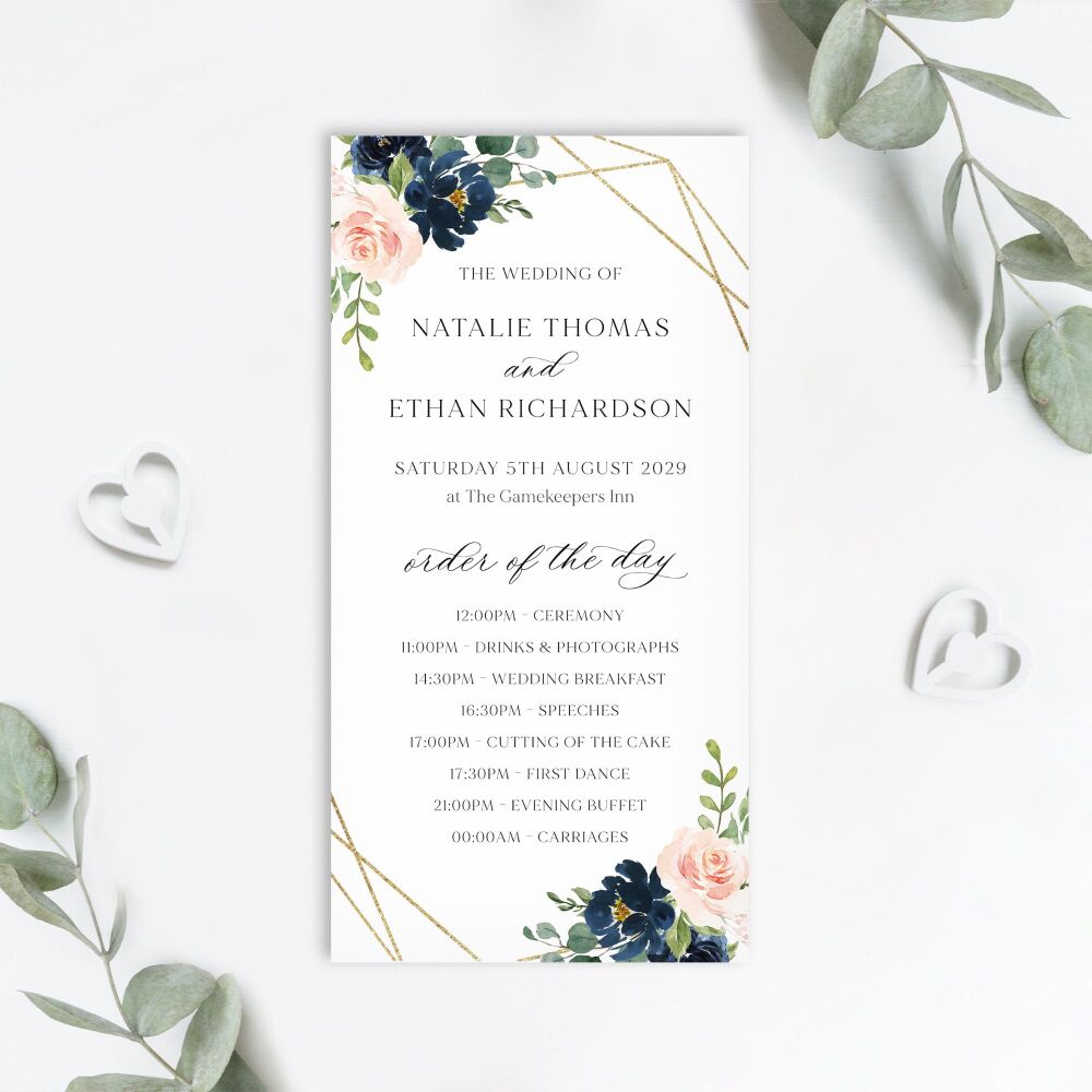 Blush, Navy & Gold Order of the Day Card