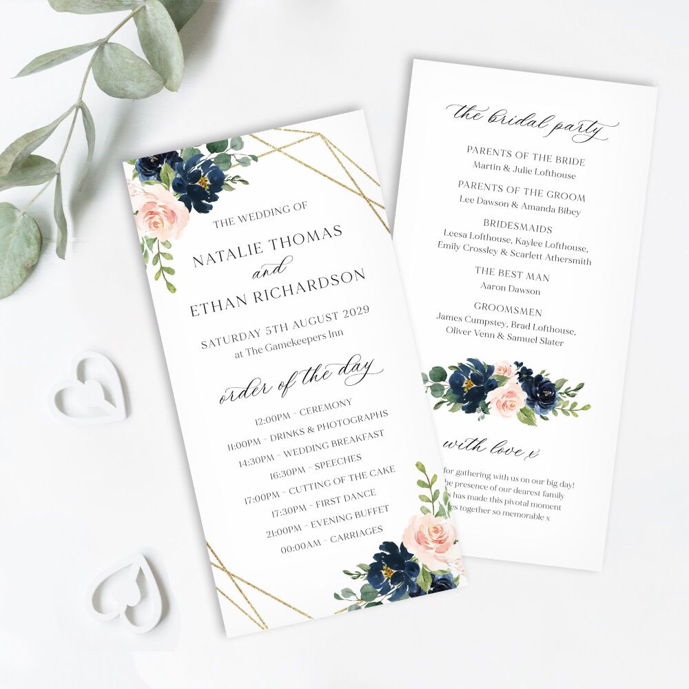 Blush, Navy & Gold Order of Service Card