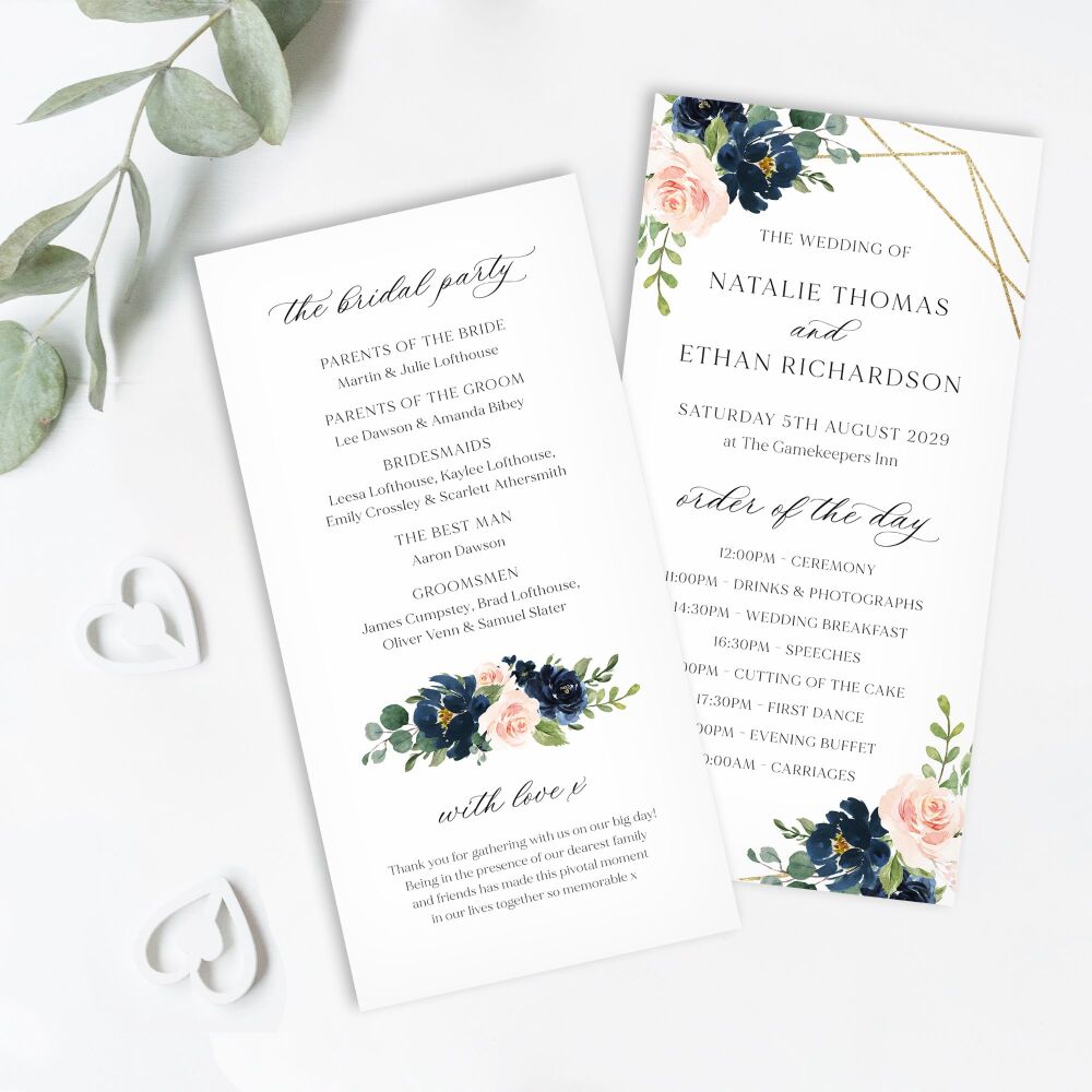 Blush, Navy & Gold Order of Service Card