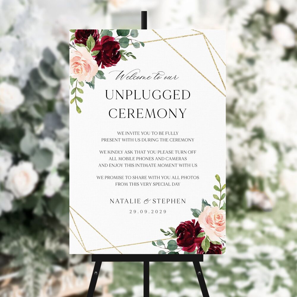 Blush, Burgundy & Gold Unplugged Ceremony Sign