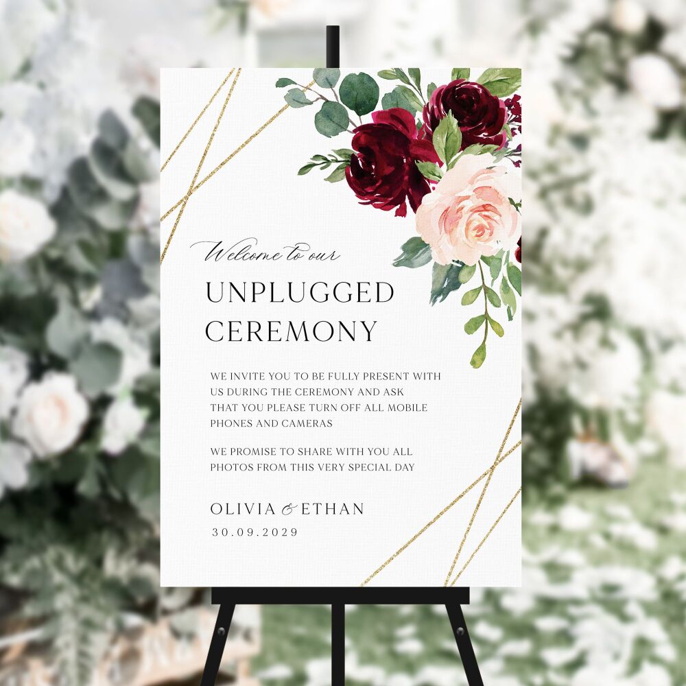 Blush, Burgundy & Gold Unplugged Ceremony Sign