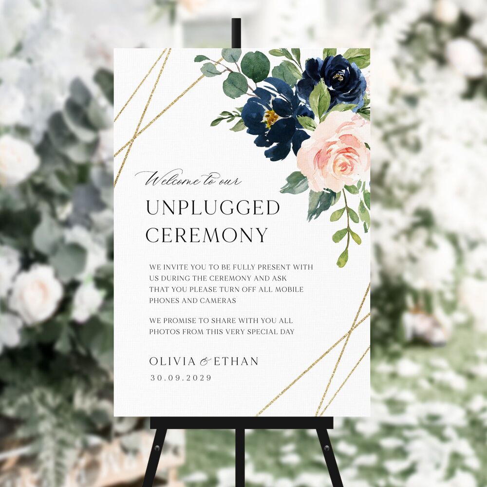 Blush, Navy & Gold Unplugged Ceremony Sign