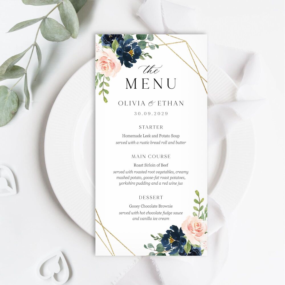 Blush, Navy & Gold Menu