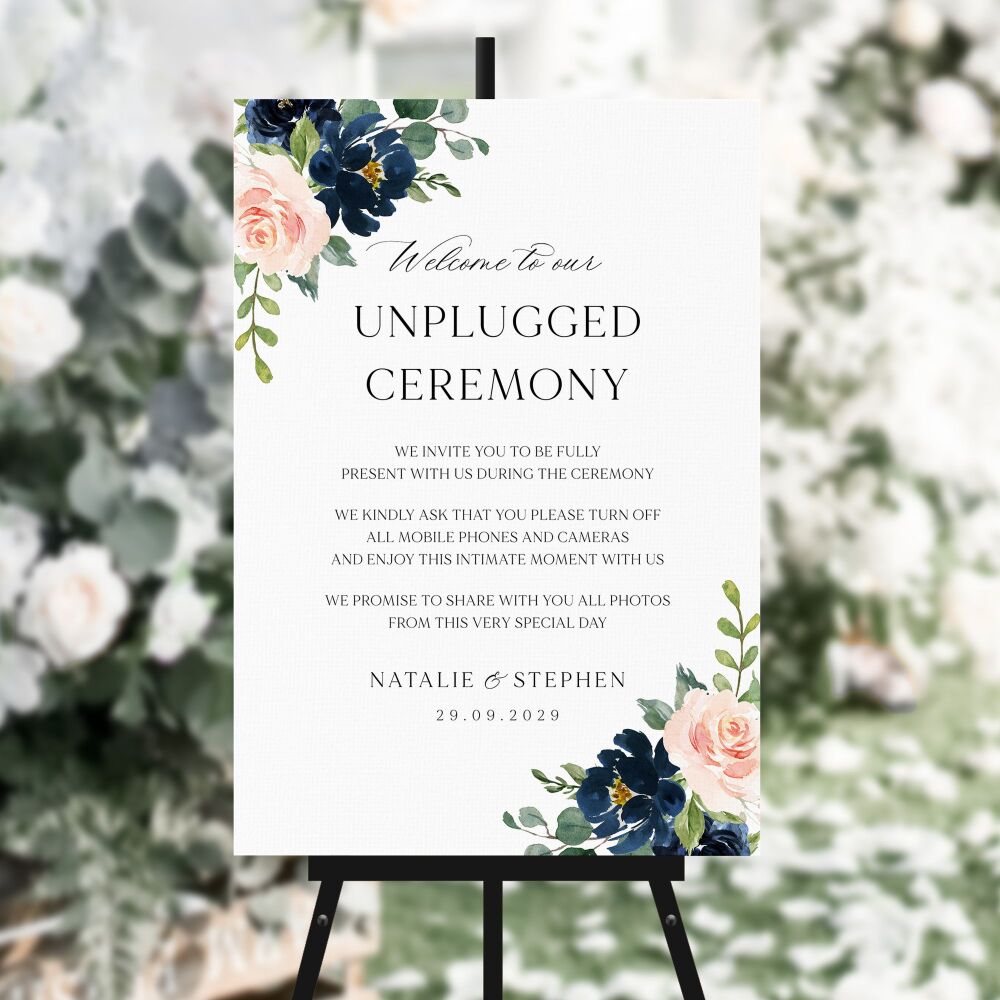 Blush & Navy Florals Unplugged Ceremony Sign