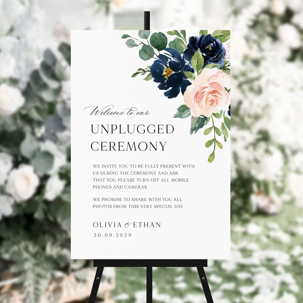 Blush & Navy Florals Unplugged Ceremony Sign