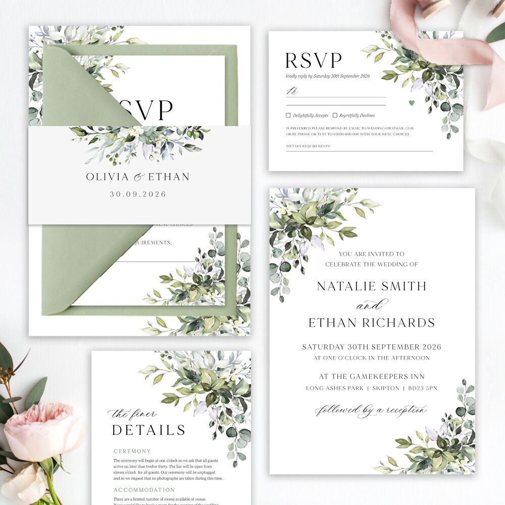 Eucalyptus Bouquet Wedding Invitation Sample