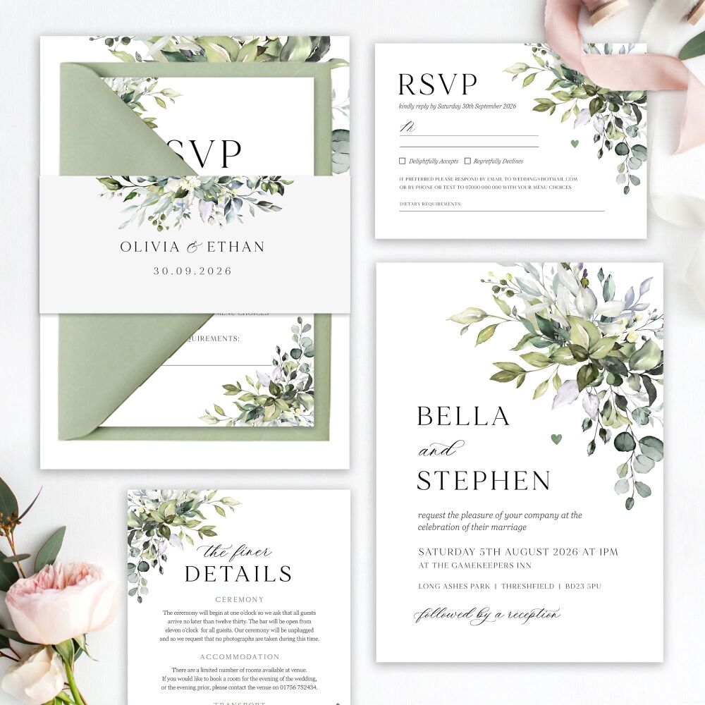 Eucalyptus Bouquet Wedding Invitation Sample