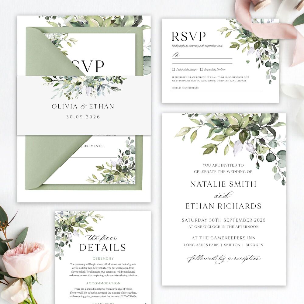 Eucalyptus Bouquet Wedding Invitation Sample