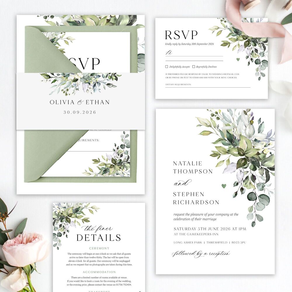 Eucalyptus Bouquet Wedding Invitation Sample