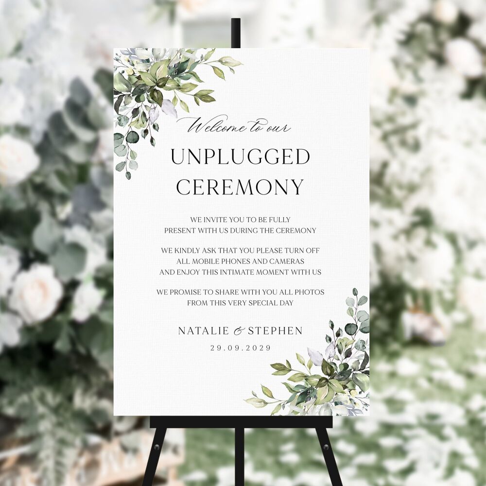 Eucalyptus Bouquet Unplugged Ceremony Sign