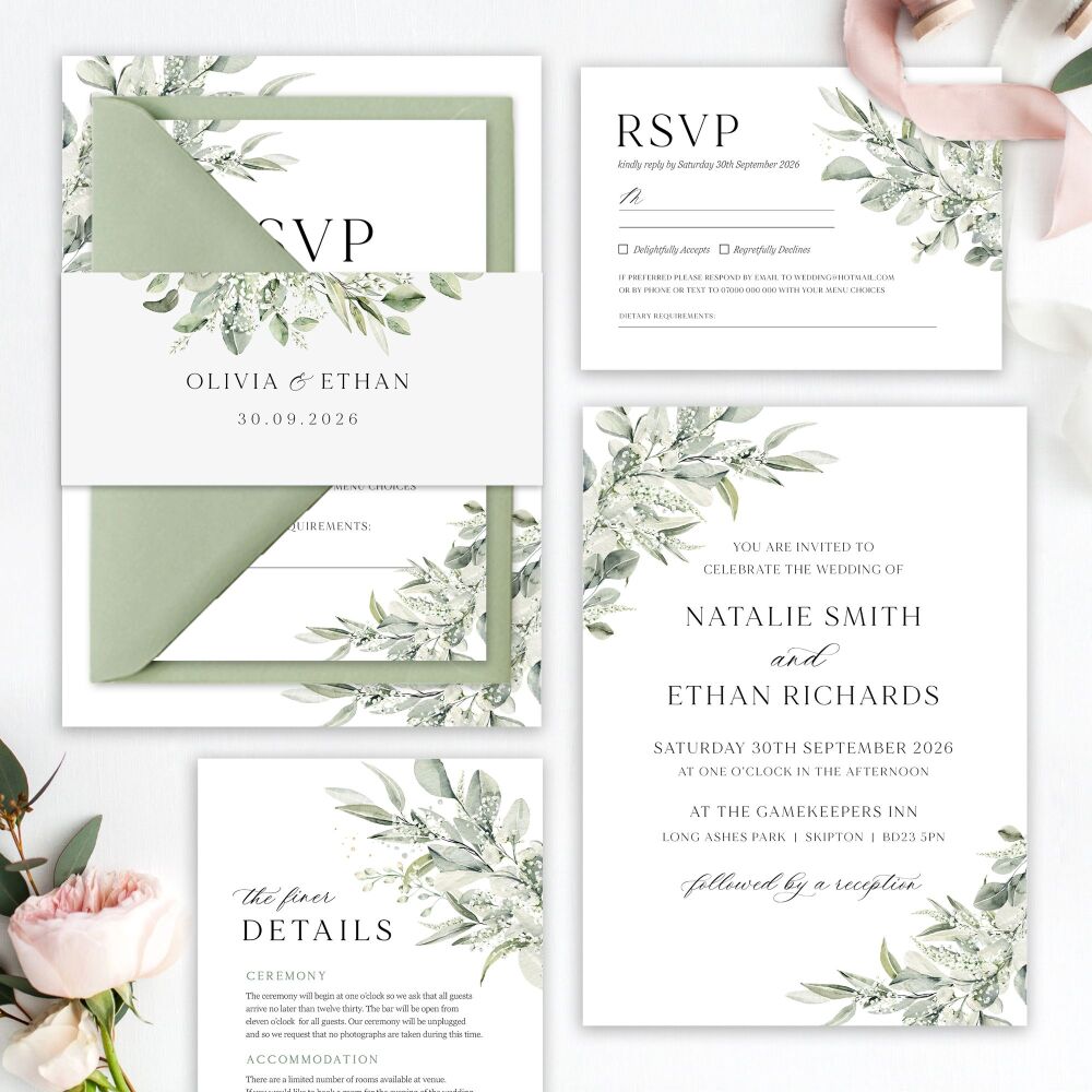 Sage & Gypsophilia Wedding Invitation Sample
