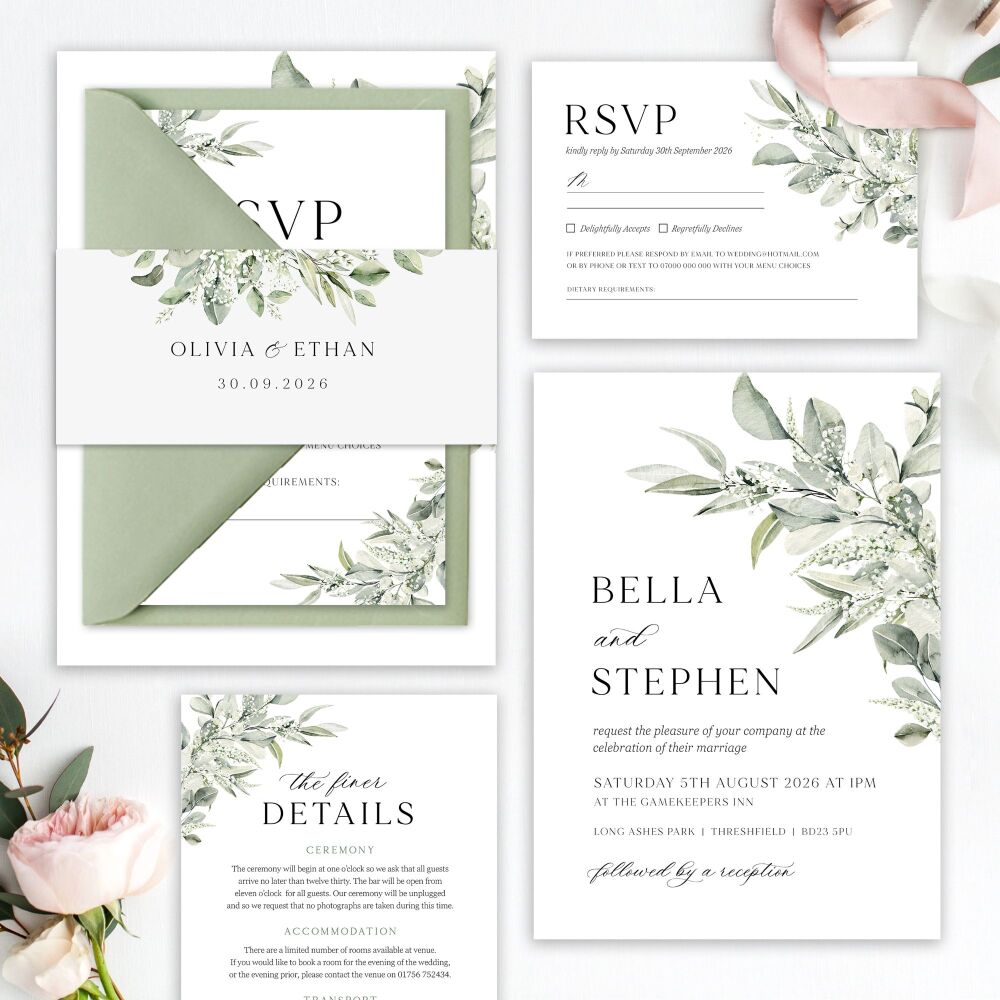 Sage & Gypsophilia Wedding Invitation Sample
