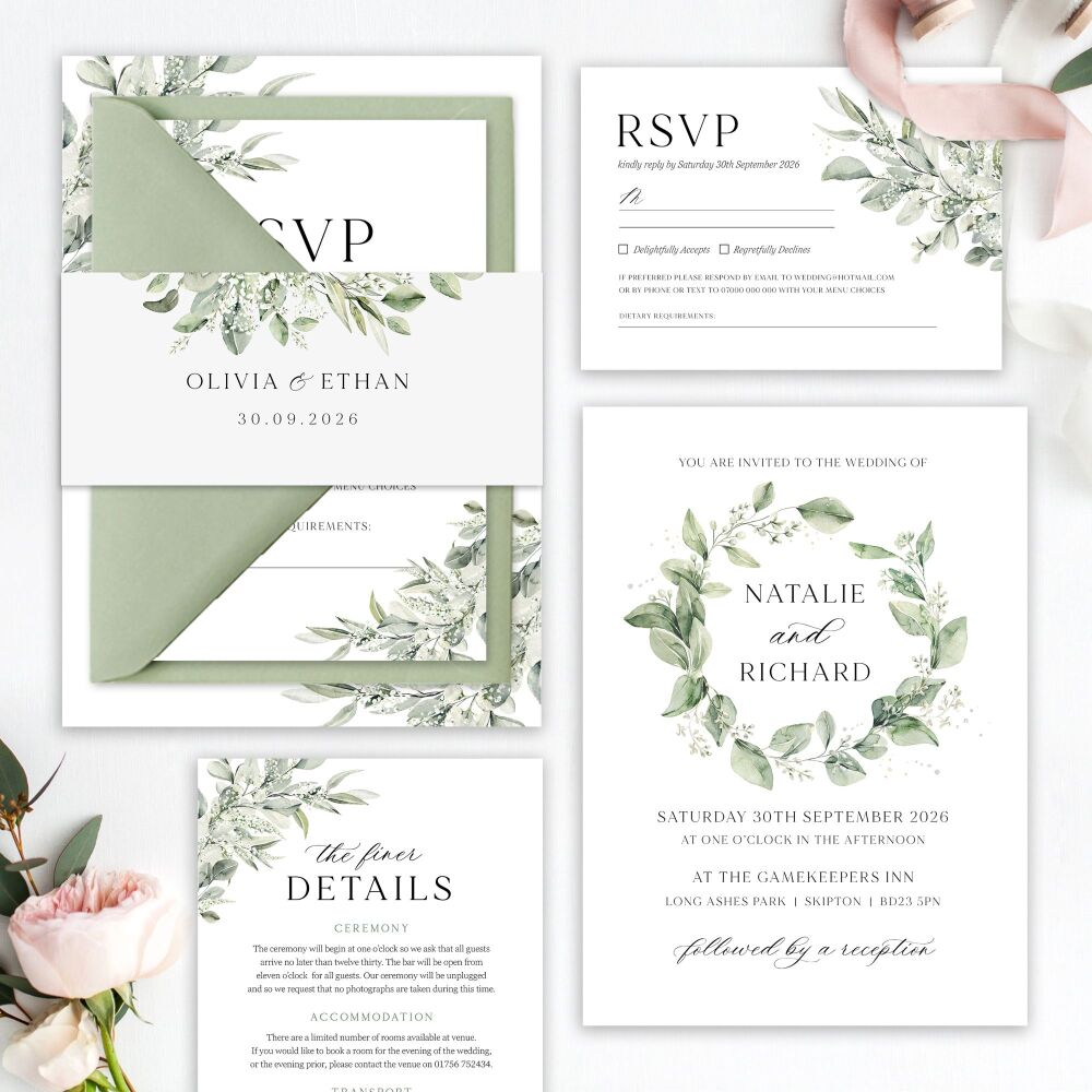 Sage & Gypsophilia Wedding Invitation Sample