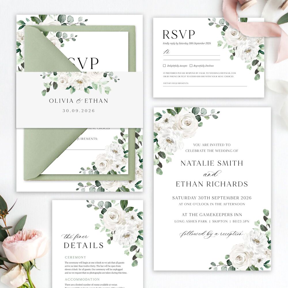 White Florals & Eucalyptus Wedding Invitation Sample