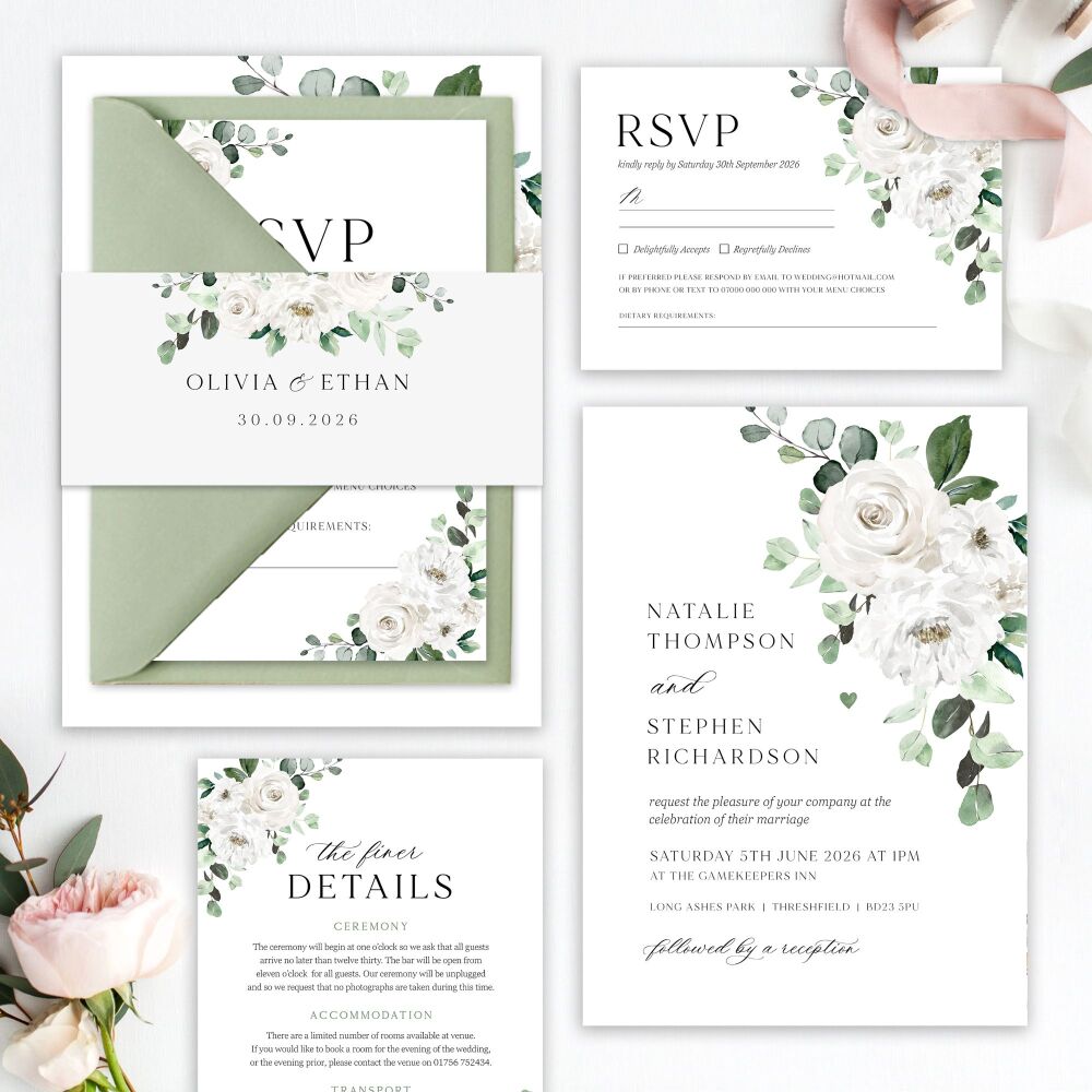 White Florals & Eucalyptus Wedding Invitation Sample