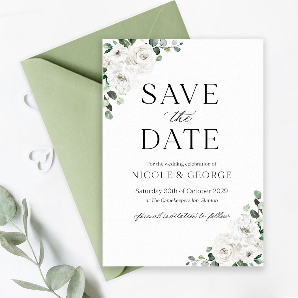 White Florals & Eucalyptus Save the Date