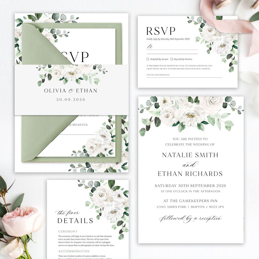 White Florals & Eucalyptus Wedding Invitation Sample