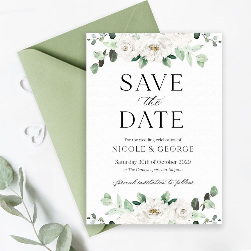 White Florals & Eucalyptus Save the Date