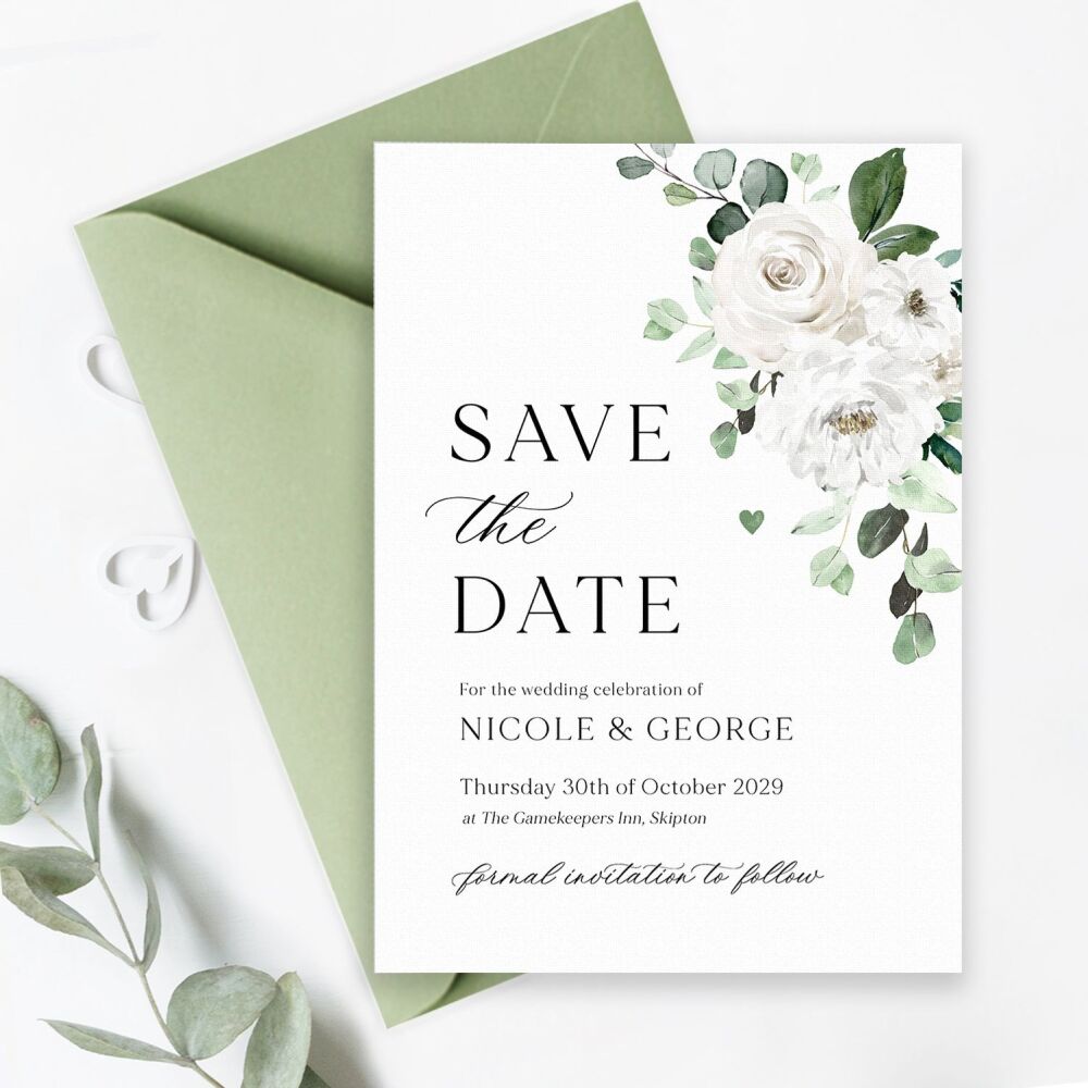White Florals & Eucalyptus Save the Date