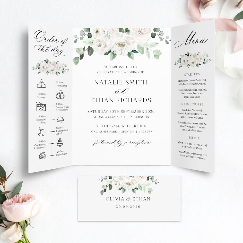 White Florals & Eucalyptus Wedding Invitation Sample