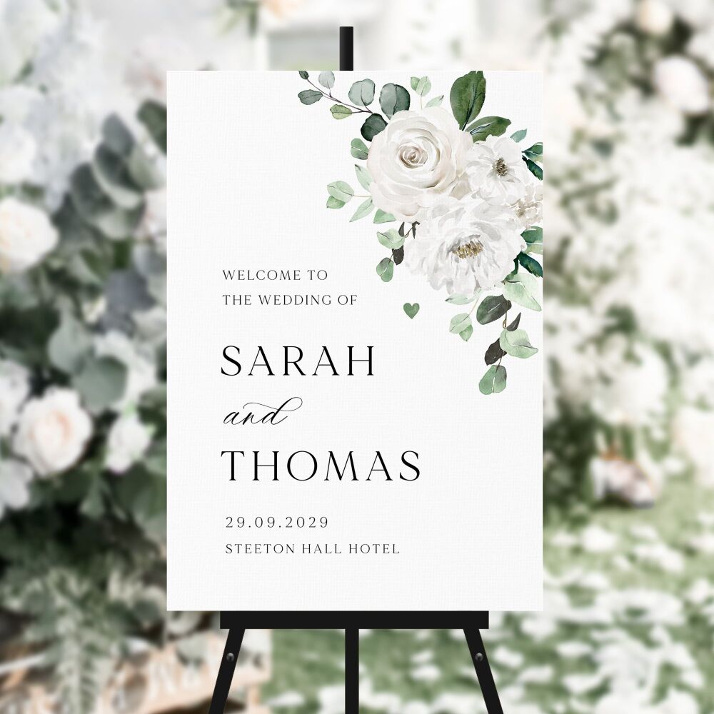White Florals & Eucalyptus Welcome Sign