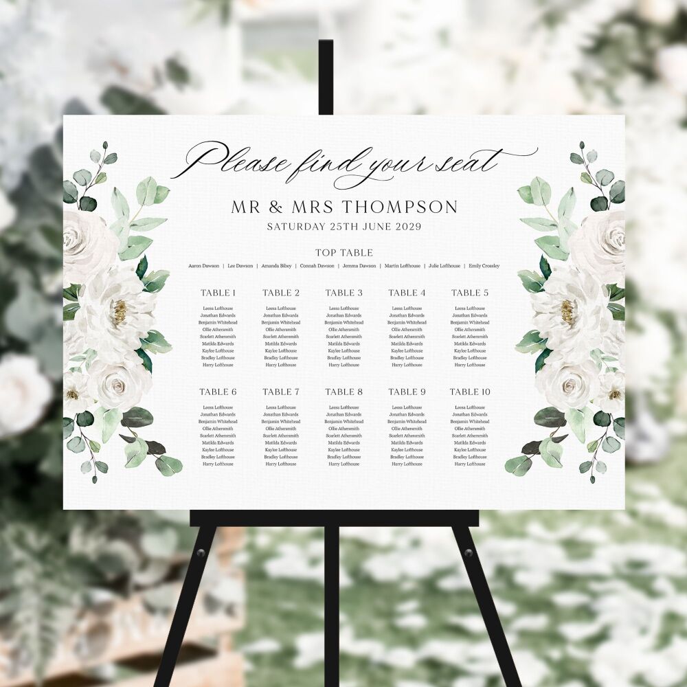 White Florals & Eucalyptus Table Plan