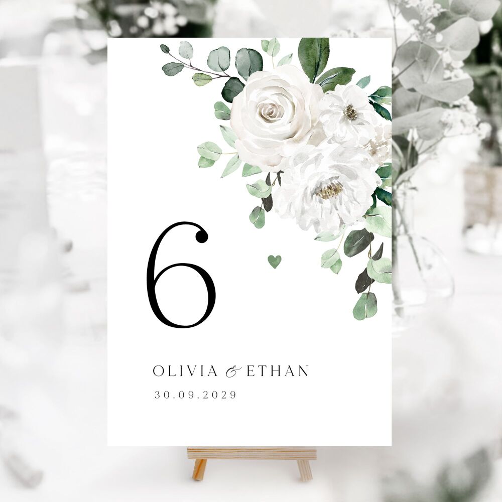 White Florals & Eucalyptus Table Numbers