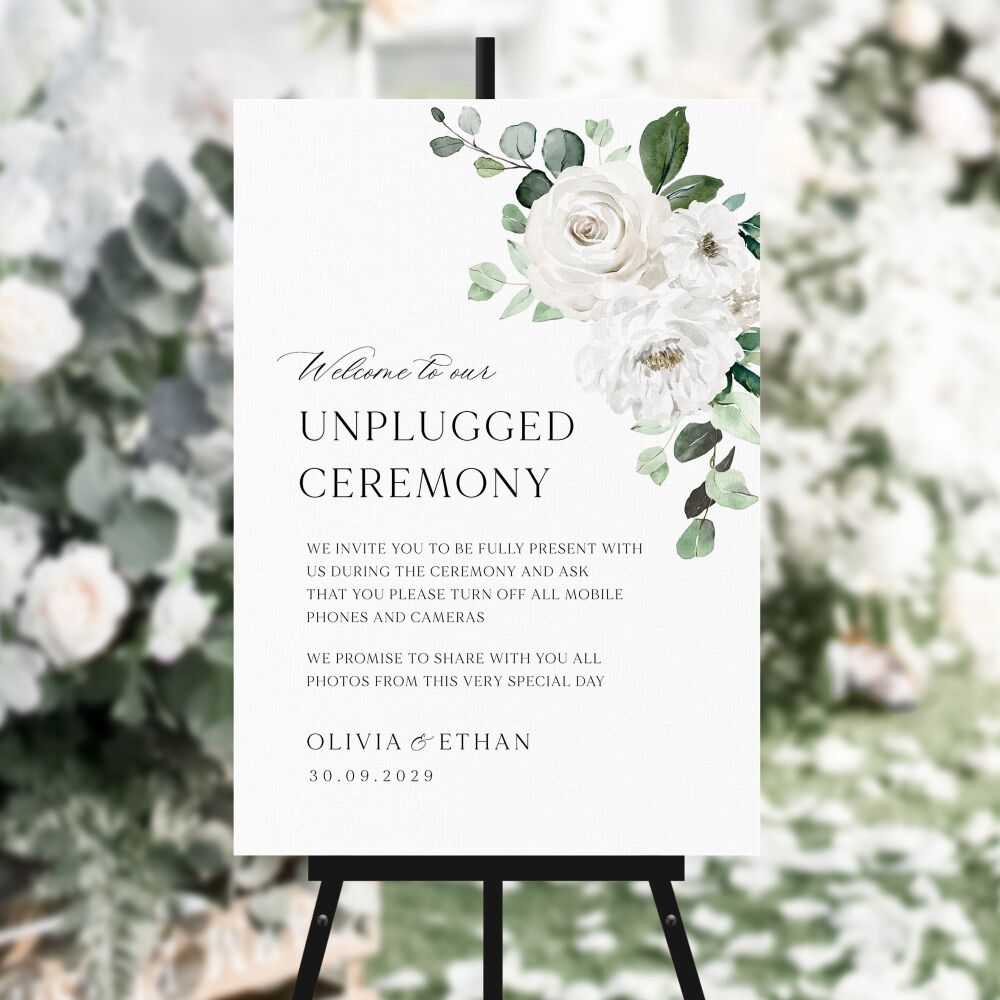 White Florals & Eucalyptus Unplugged Ceremony Sign