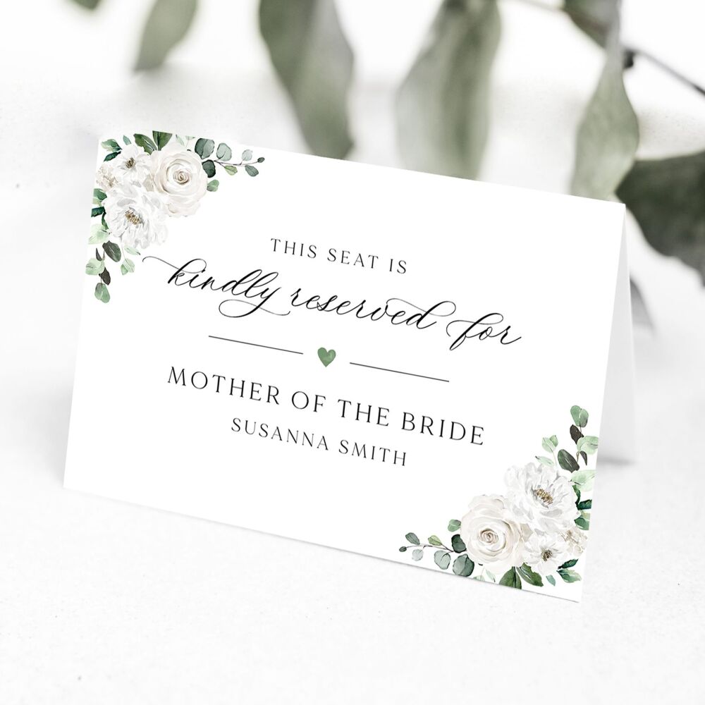 White Florals & Eucalyptus Reserved Seat Card