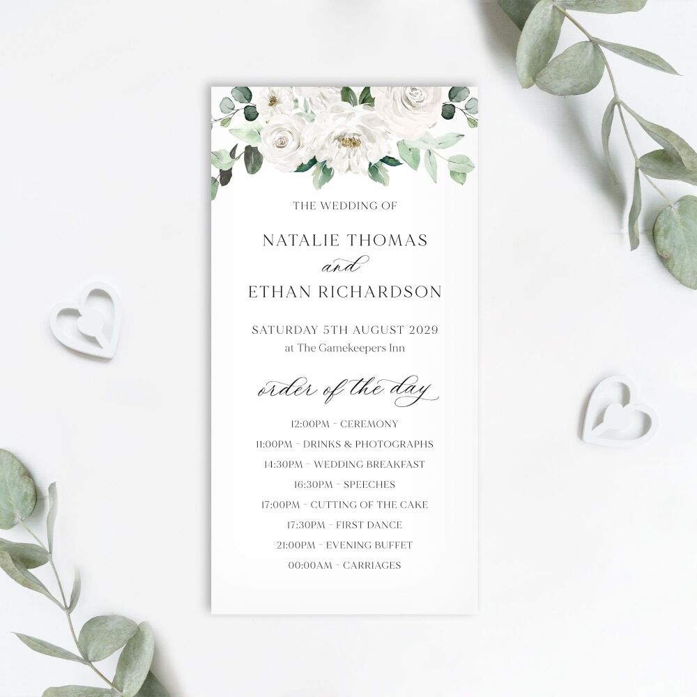 White Florals & Eucalyptus Order of the Day Card