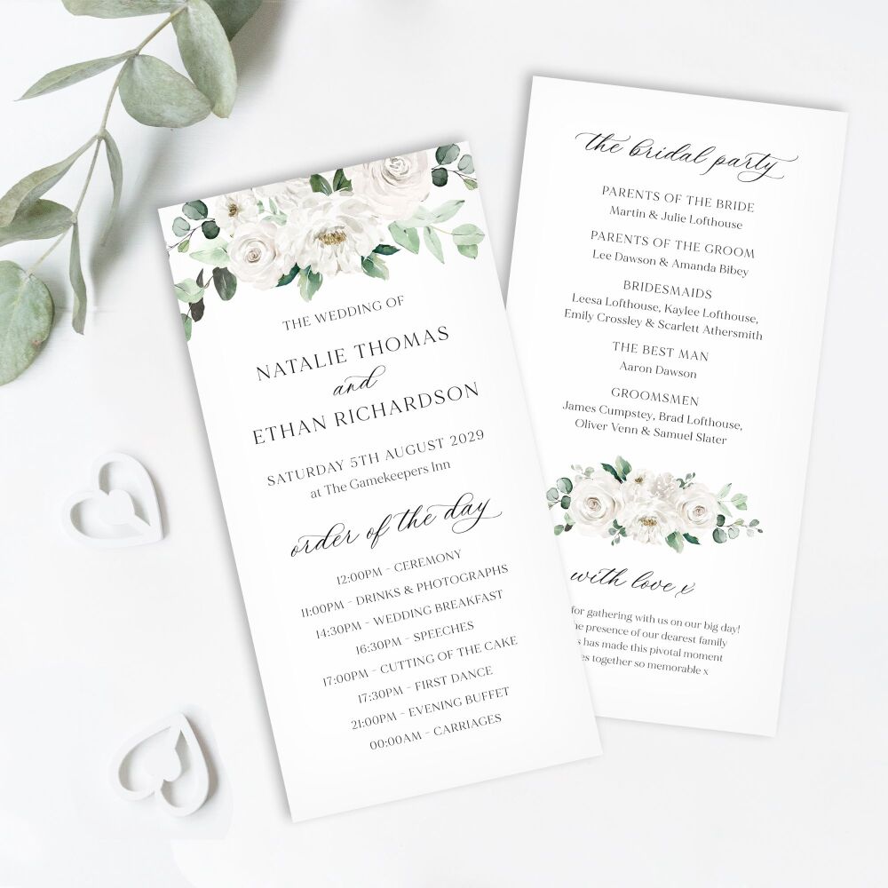 White Florals & Eucalyptus Order of Service Card